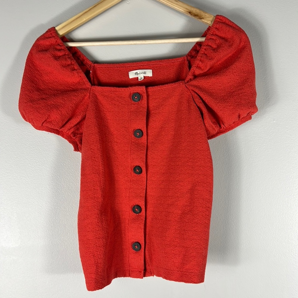 Madewell Red Jacquard Square-Neck Puff-Sleeve Top